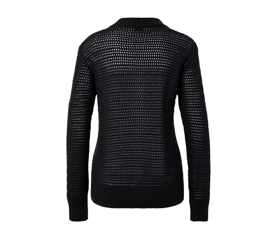 Vue détaillée de dos d'un cardigan noir en maille pointelle.