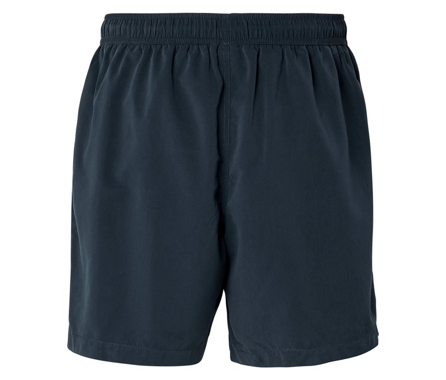 Short bleu marine avec ceinture élastique, isolé sur fond blanc.