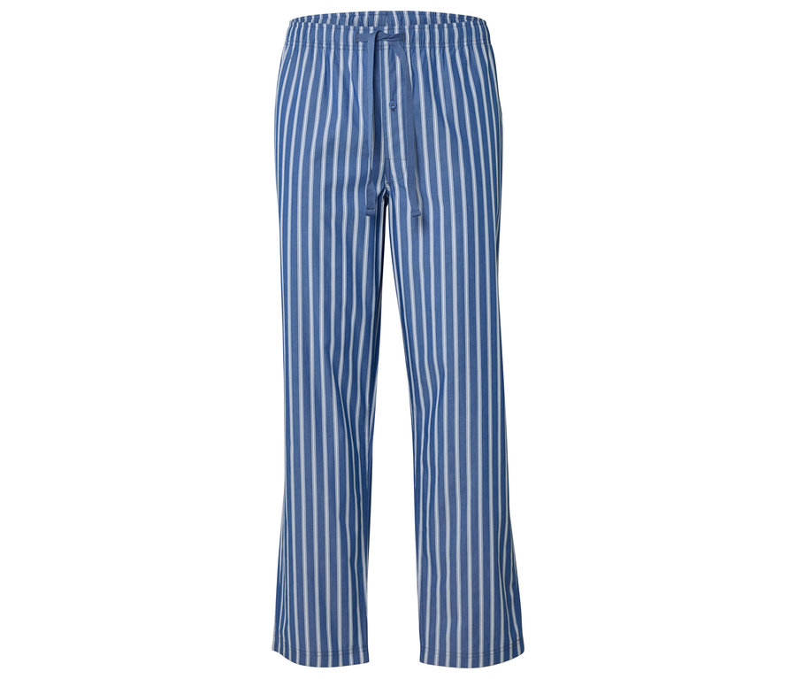 Un long pantalon de pyjama rayé bleu et blanc avec cordon de serrage.