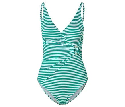 Maillot de bain rayé vert et blanc avec col en V.