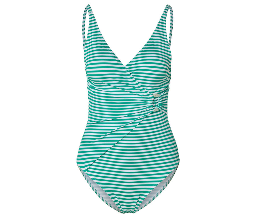 Maillot de bain rayé vert et blanc avec col en V.