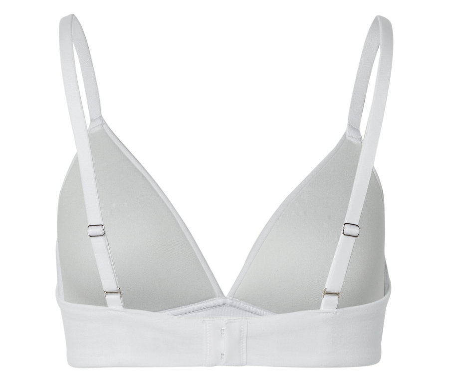 Vue arrière d'un soutien-gorge blanc avec bretelles réglables et fermeture à agrafes.