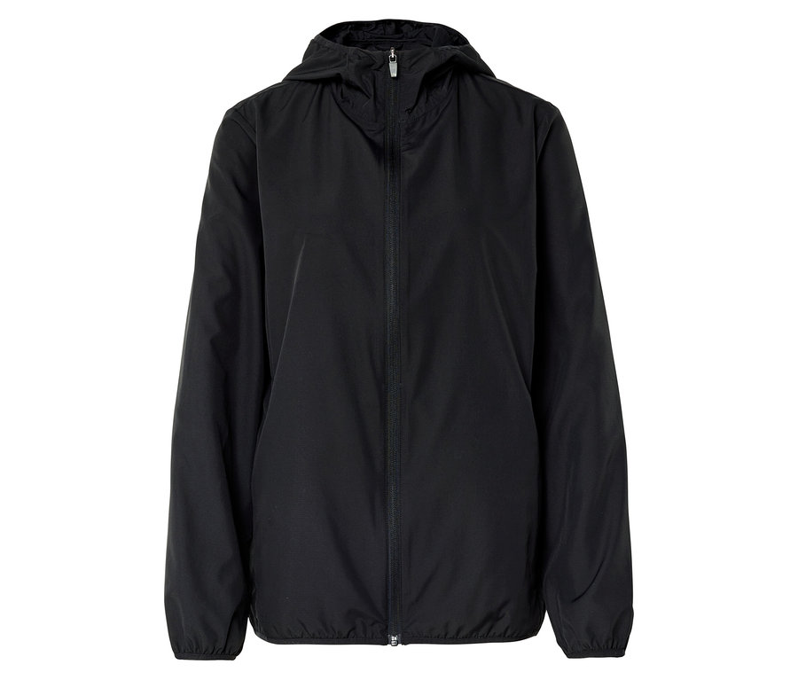 Veste à capuche noire avec fermeture éclair intégrale sur le devant.