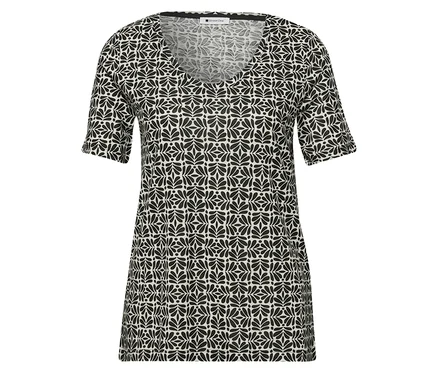 Le t-shirt Street One a un motif noir et blanc et un col en V.