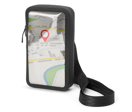 Sacoche noire pour téléphone portable avec une fenêtre transparente montrant une carte avec une punaise rouge.