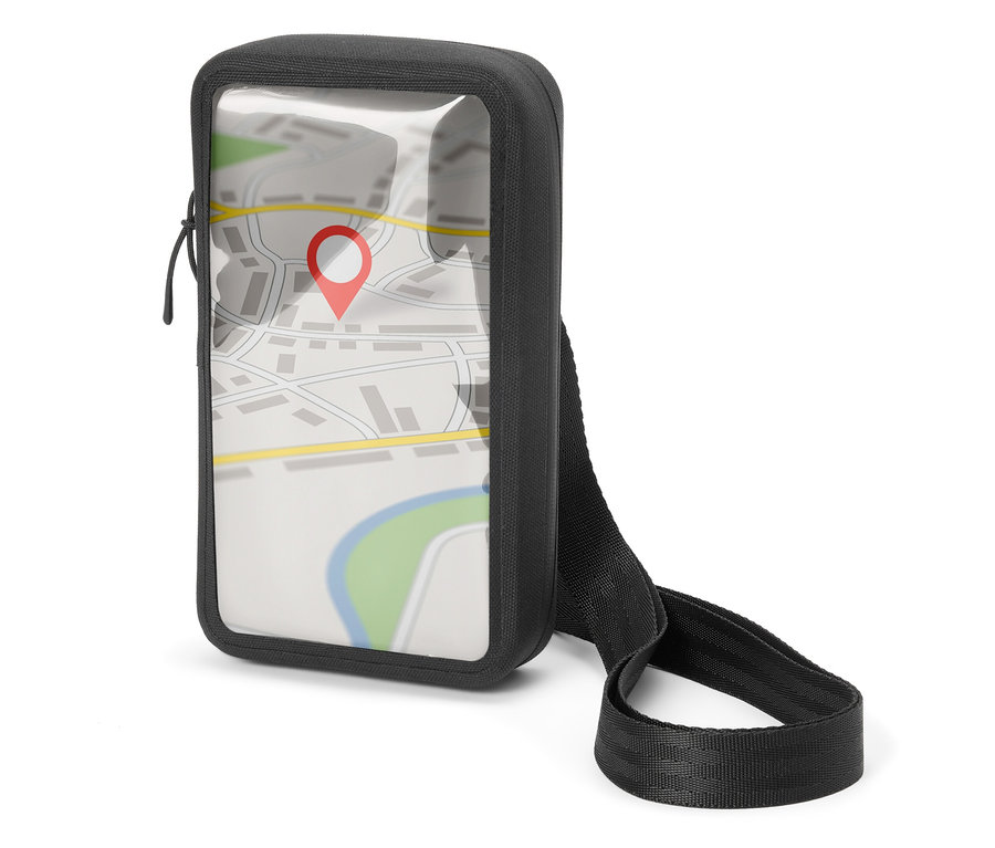 Sacoche noire pour téléphone portable avec une fenêtre transparente montrant une carte avec une punaise rouge.