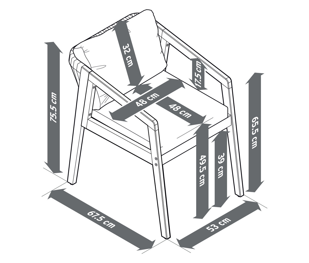 Image d'une chaise de jardin classique avec des mesures.