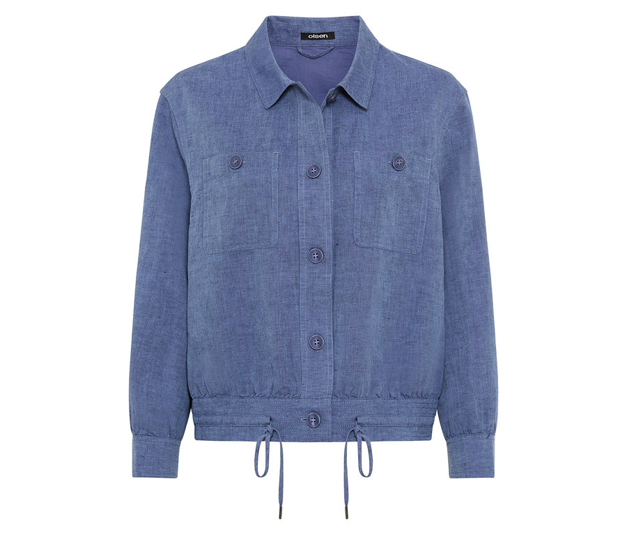 Veste bleue Olsen avec boutons et cordon de serrage.