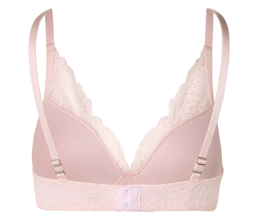 Vue arrière d'un soutien-gorge rose clair avec des détails en dentelle blanche et des bretelles réglables.