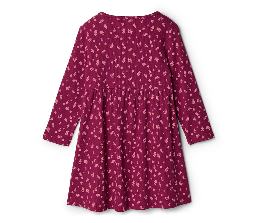 Une robe d'enfant à manches longues de couleur violet foncé avec un motif floral rose clair et une taille froncée.
