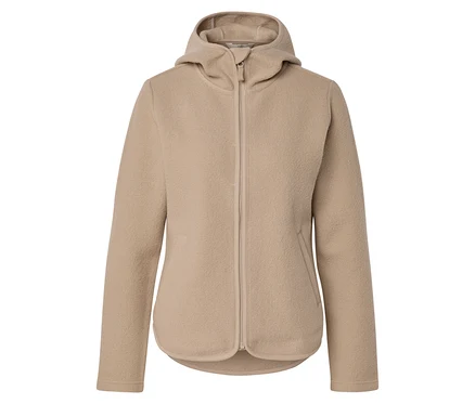 Une veste polaire beige à capuche avec une fermeture éclair intégrale et des poches latérales, dotée d'un ourlet arrondi légèrement plus long à l'arrière.