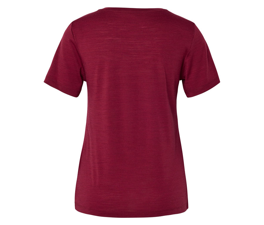 Vue de dos d'un t-shirt bordeaux à manches courtes et col en V, en tissu texturé.