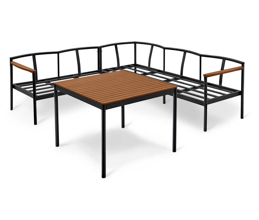 Une structure de canapé d'angle noire avec des accoudoirs marron et une table carrée marron avec une structure noire se trouvent sur un fond blanc.