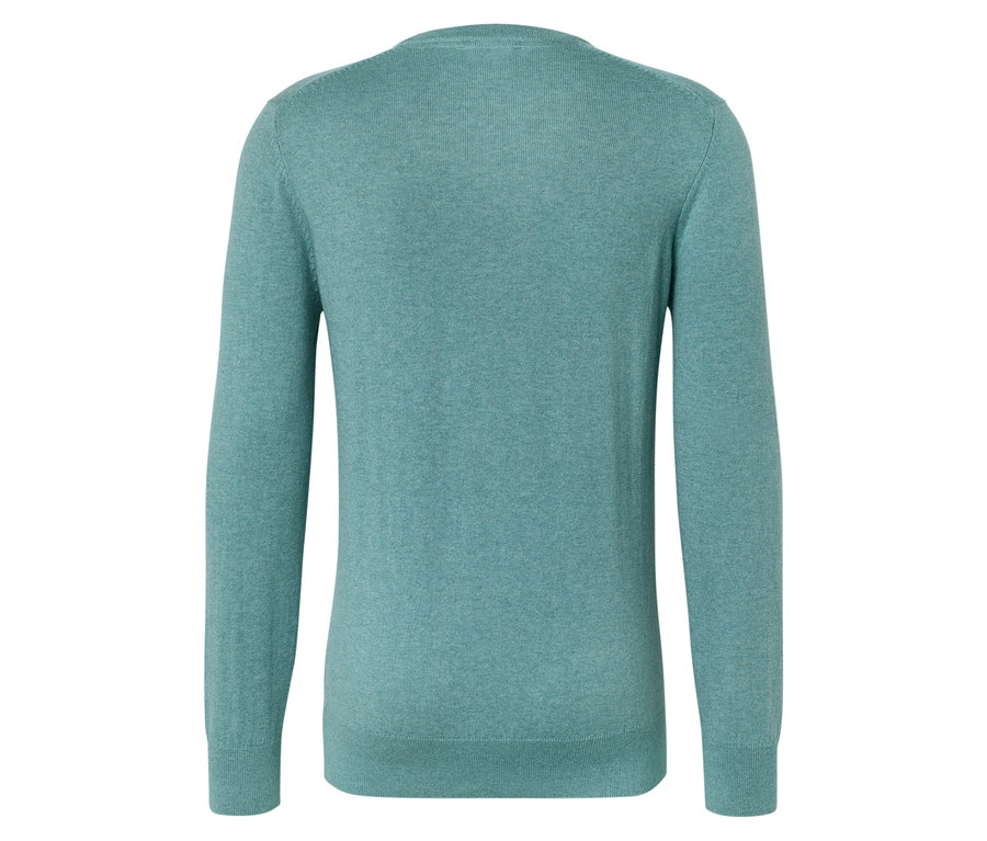 Un pull turquoise à manches longues, photographié de dos.