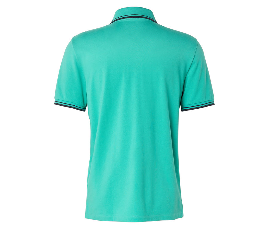 Vue arrière d'un polo turquoise avec des poignets foncés.