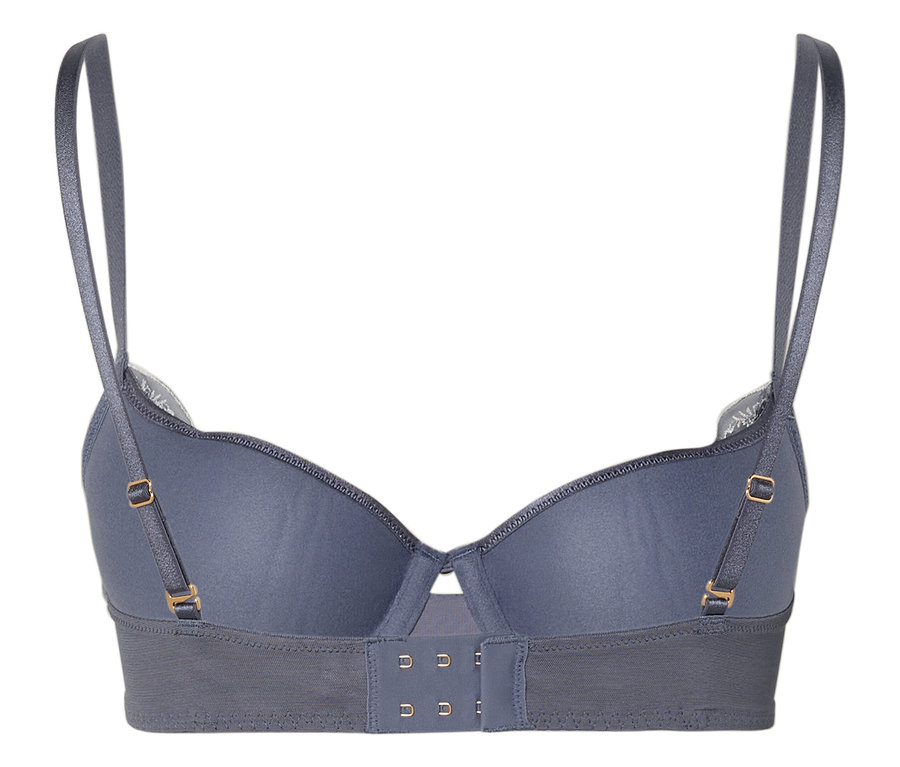 Vue arrière d'un soutien-gorge bleu avec bretelles réglables et fermeture à agrafes.