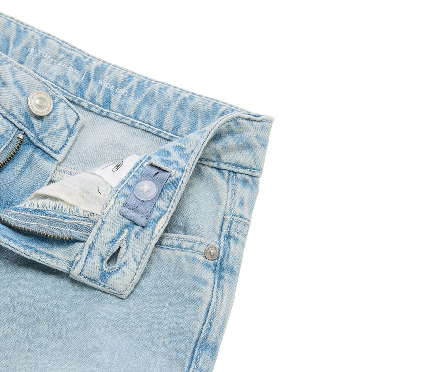 Gros plan d'un jean bleu clair à jambes larges avec une taille ajustable.