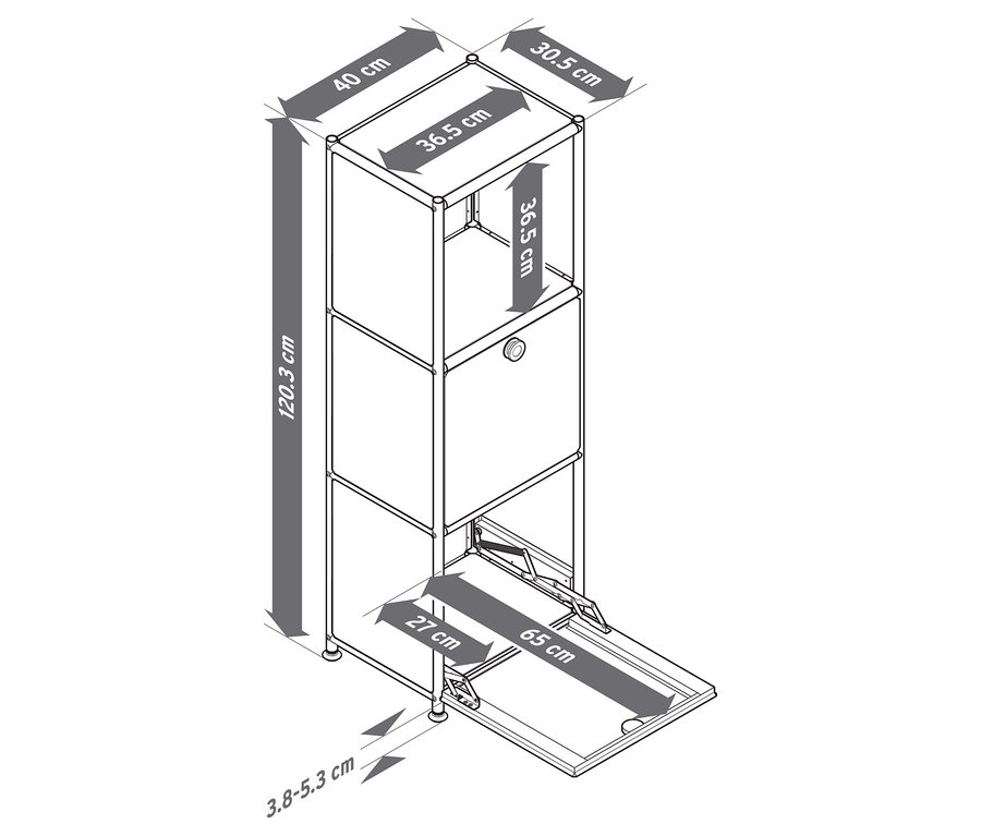 Vue de dessus d'une commode métallique « CN3 Slim Line » avec deux compartiments pliants, le compartiment inférieur étant ouvert et contenant des indications de dimension en cm.
