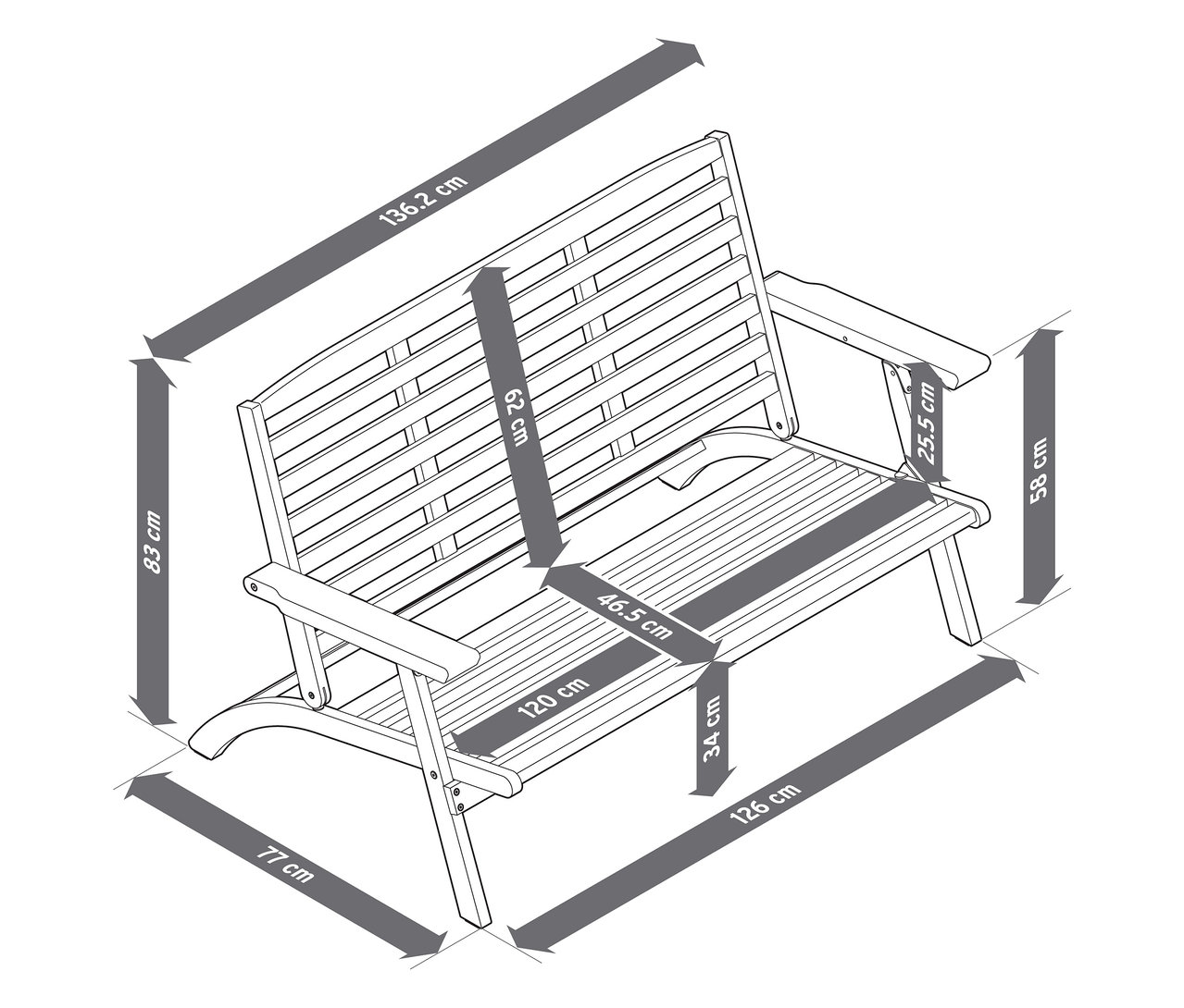 Vue de dessus des dimensions de l'ensemble de salon de jardin pliable 4 pièces avec coussins premium.