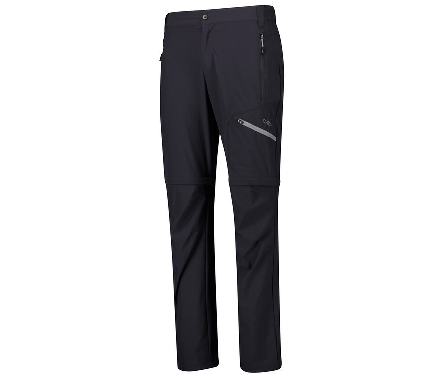 Pantalon long bleu foncé avec fermetures éclair aux genoux pour retirer les jambes.