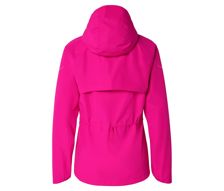 Vue arrière d'une veste rose avec capuche et cordon de serrage à la taille.