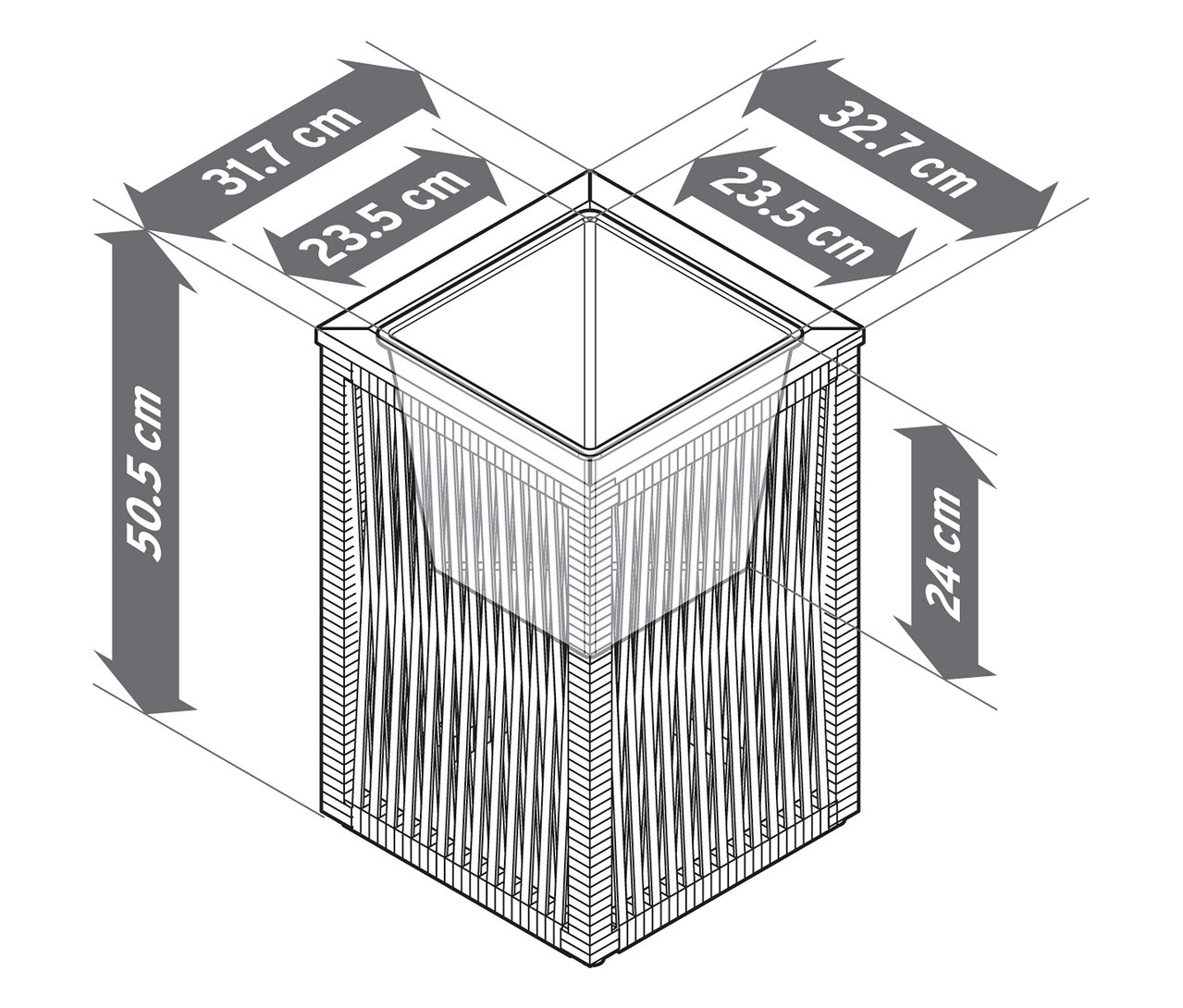 Vue de dessus d'un pot de fleurs avec tressage textile et dimensions.