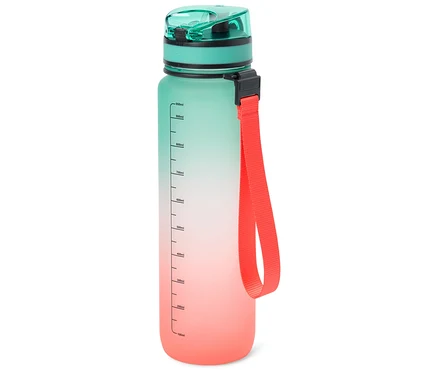 Une bouteille d'eau avec un dégradé de couleurs allant du vert au rouge avec une dragonne rouge.