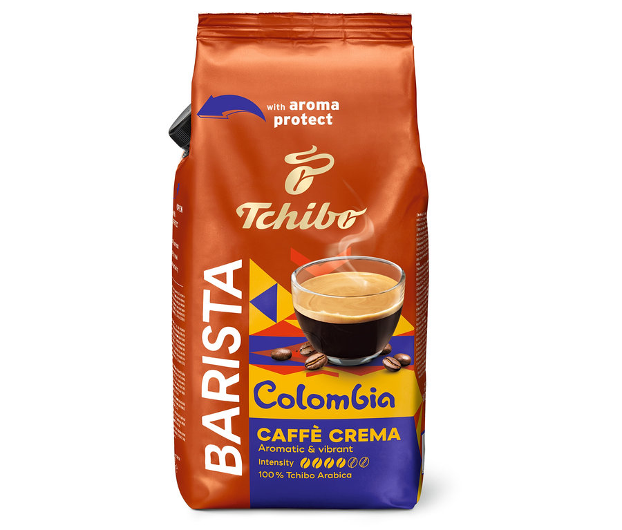 Un paquet de café en grains BARISTA Origins Colombia de 1 kg est présenté verticalement.