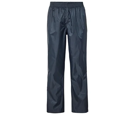 Pantalon de pluie bleu marine avec taille élastique, posé à plat.