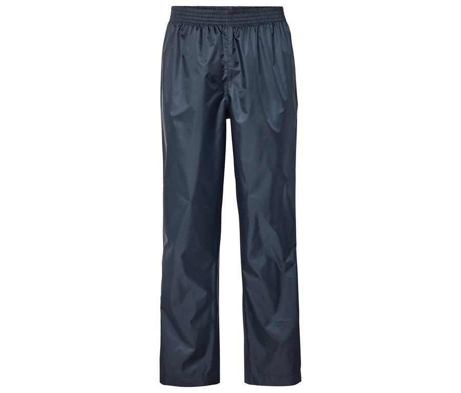 Pantalon de pluie bleu marine avec taille élastique, posé à plat.