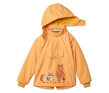 Imperméable orange avec capuche, poche et imprimé ours, raton laveur et hérisson.