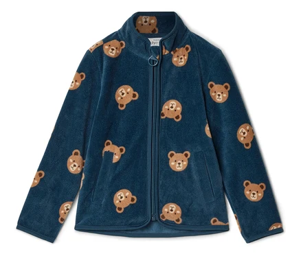 Veste polaire bleue zippée avec motif ours en peluche marron.