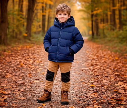 Un garçon souriant vêtu d'une doudoune bleu foncé, d'un pantalon beige avec des patchs noirs aux genoux et de bottes marron se tient sur un chemin forestier couvert de feuilles d'automne.