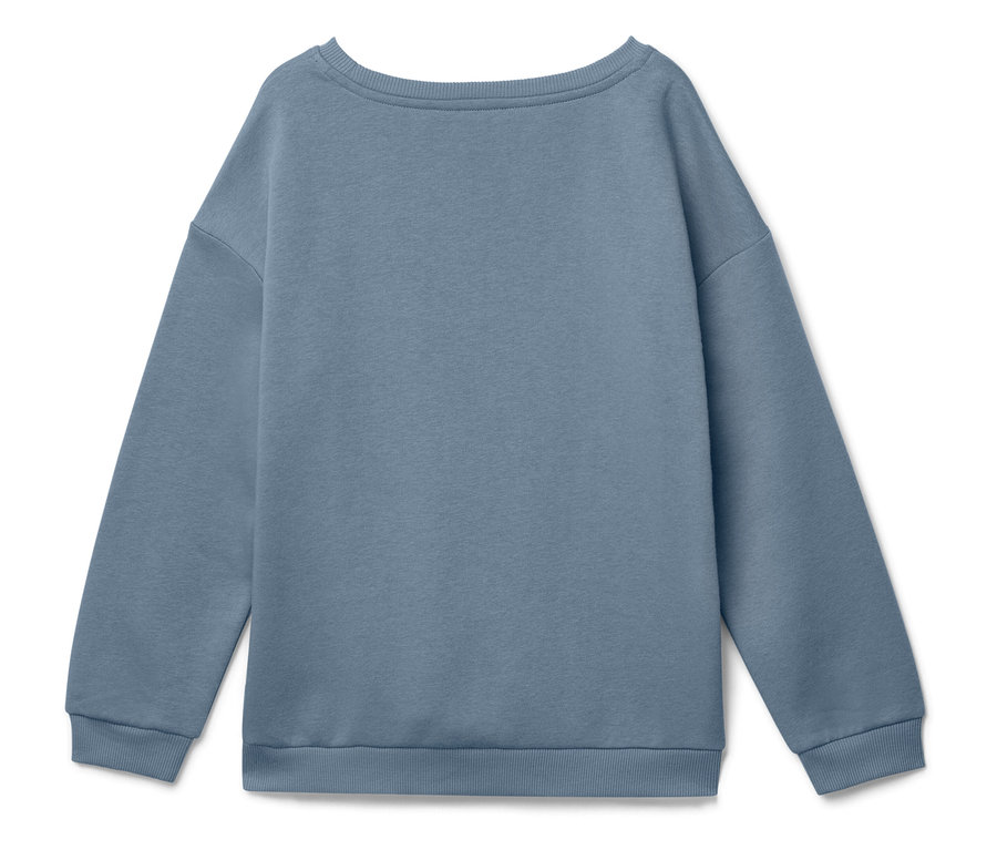 Pull bleu photographié de dos, posé sur un fond blanc.
