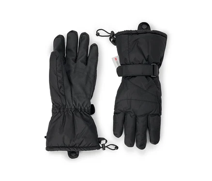 Une paire de gants d'hiver noirs, l'un montrant la paume avec une surface antidérapante texturée et un poignet élastique, l'autre le dos avec une sangle de poignet réglable, un cordon de serrage au poignet et une étiquette « 3M Thinsulate ».