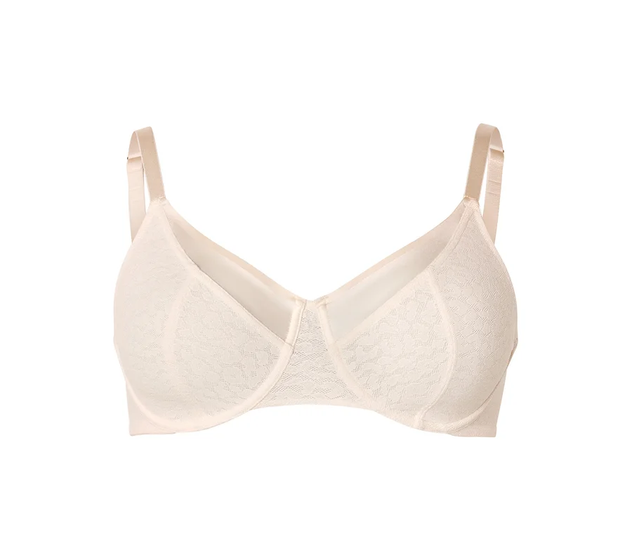 Soutien-gorge beige clair avec un motif en dentelle subtil, des bretelles réglables et des bonnets couvrants, sur fond blanc.