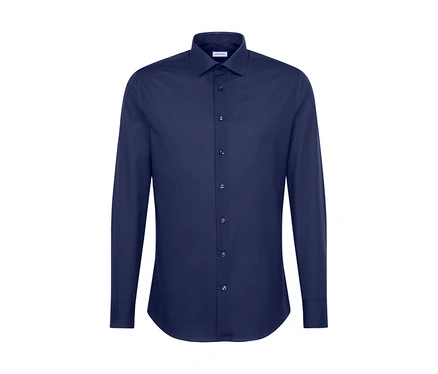 Chemise Seidensticker bleu marine à manches longues et col, sur fond blanc.