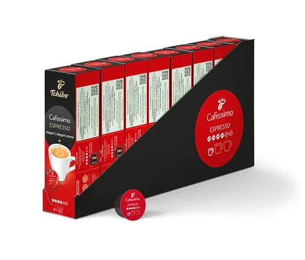 Un paquet de capsules à café espresso Cafissimo élégant. Le paquet est rouge et noir et contient 80 capsules.