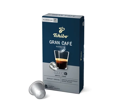 Un paquet de Gran Café Ristretto, 10 capsules de Tchibo. Sur le paquet, une tasse de ristretto est représentée.
