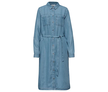 Robe en jean Street One bleu clair avec manches longues, col, boutonnage intégral, deux poches poitrine et ceinture à nouer.