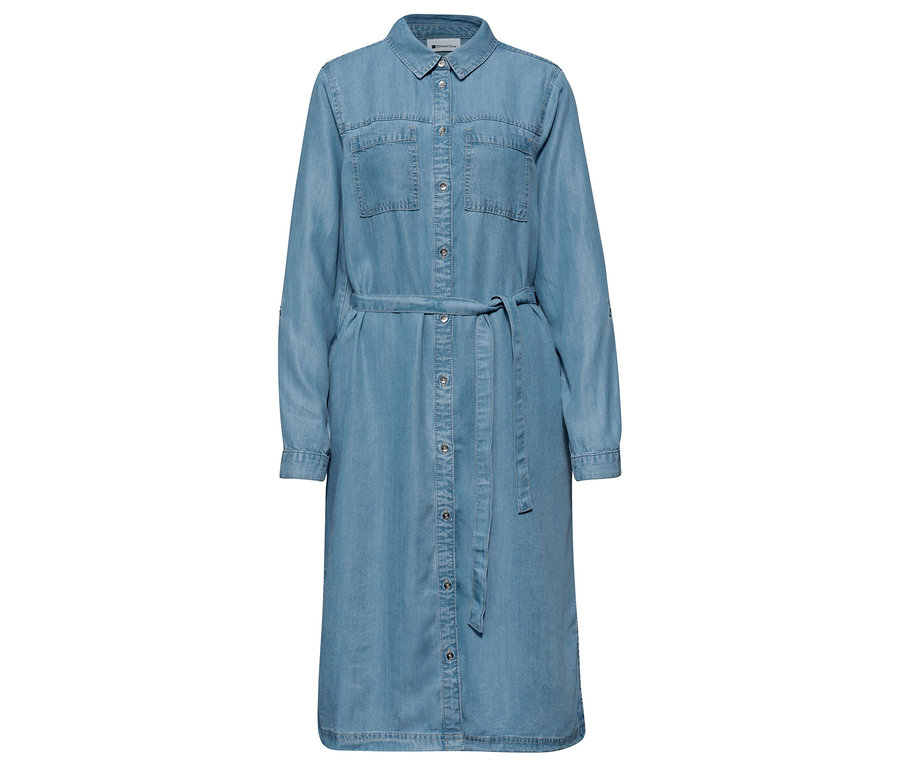 Robe en jean Street One bleu clair avec manches longues, col, boutonnage intégral, deux poches poitrine et ceinture à nouer.