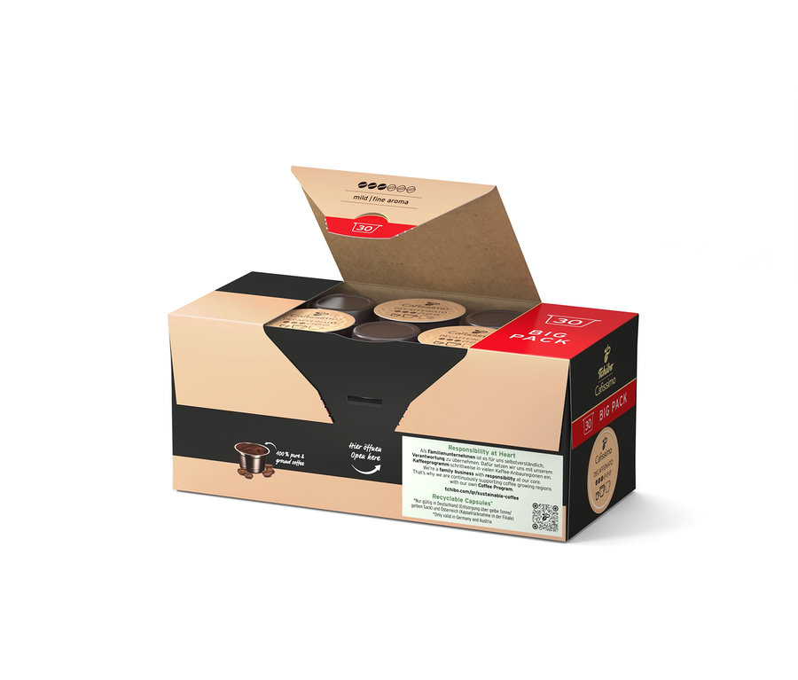 Paquet ouvert de Cafissimo Decaffeinato avec 30 capsules.