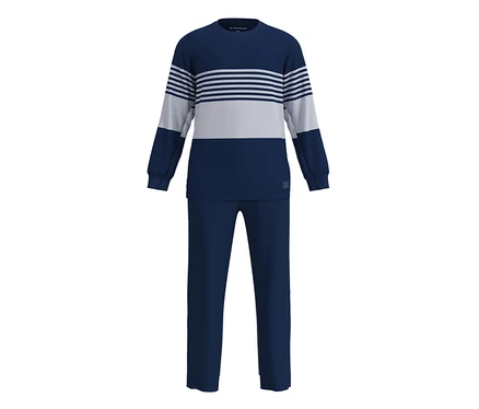Pyjama bleu foncé composé d'un haut à manches longues et d'un pantalon long. Le haut présente une section rayée gris clair sur la poitrine.