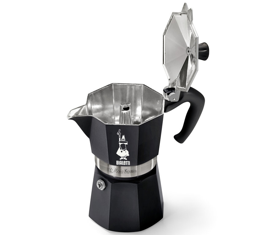 Cafetière italienne Bialetti noire ouverte sur fond blanc.