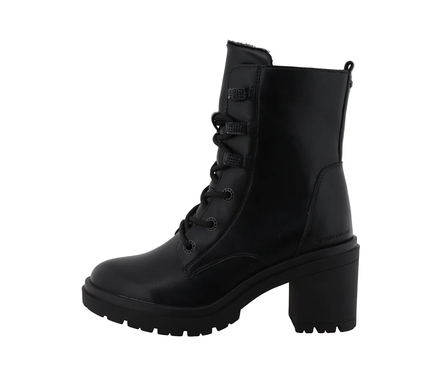 Botte à lacets noire Tom Tailor avec talon et semelle crantée, vue de côté.