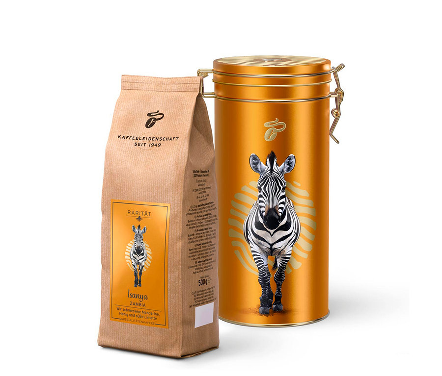 Paquet et boîte de café en grains Isanya Zambia 500 g.