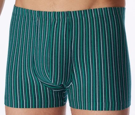 Une personne porte un boxer à rayures verticales vertes et blanches, visible de la taille aux cuisses.