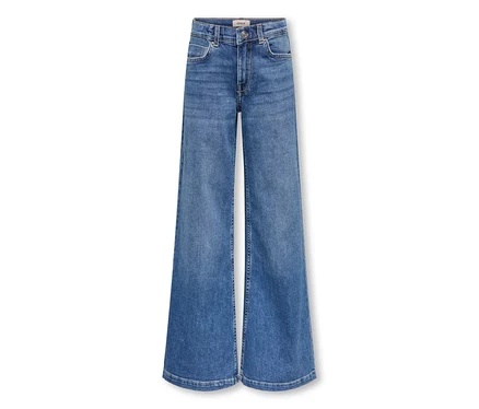 Jean bleu taille haute à jambes larges.