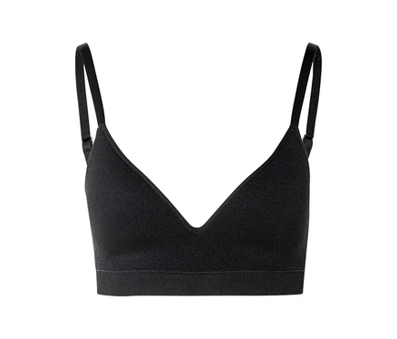 Soutien-gorge noir à col en V et fines bretelles sur fond blanc.