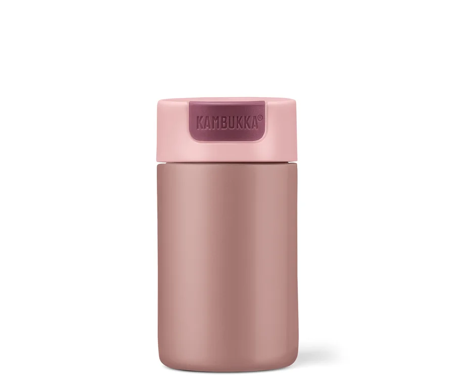 Boîte alimentaire Kambukka rose-brun avec un couvercle rose clair et le nom de la marque « KAMBUKKA » sur une bande rose foncé.